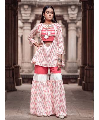 Peach and Offwhite Ikat Print Long  Cotton and khadi Top and Sharara Set 1
