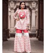 Peach and Offwhite Ikat Print Long  Cotton and khadi Top and Sharara Set