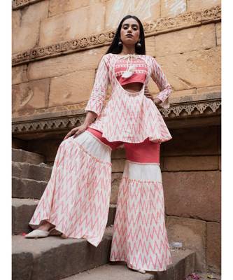 Peach and Offwhite Ikat Print Long  Cotton and khadi Top and Sharara Set 2