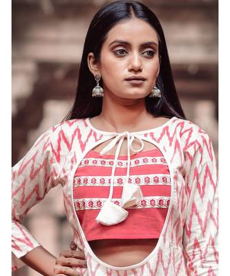Peach and Offwhite Ikat Print Long  Cotton and khadi Top and Sharara Set 3