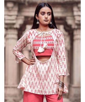 Peach and Offwhite Ikat Print Long  Cotton and khadi Top and Sharara Set 4