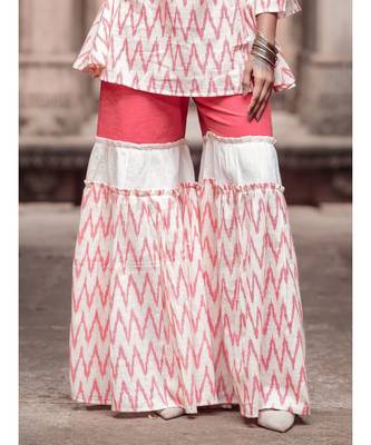 Peach and Offwhite Ikat Print Long  Cotton and khadi Top and Sharara Set 5
