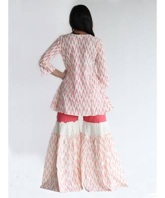 Peach and Offwhite Ikat Print Long  Cotton and khadi Top and Sharara Set 6