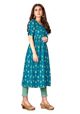 Blissta Turquoise Blue Cotton Printed Anarkali Kurti 4