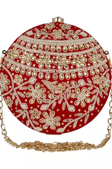 Gala Embellished Faux Silk Round Clutch Red & White