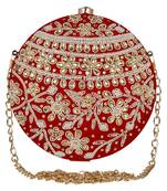 Gala Embellished Faux Silk Round Clutch Red & White