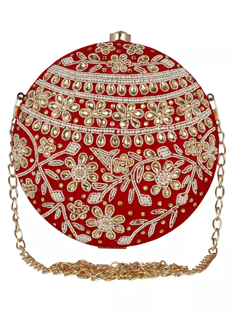 Gala Embellished Faux Silk Round Clutch Red & White