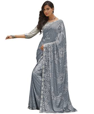 Grey printed georgette saree with blouse 1