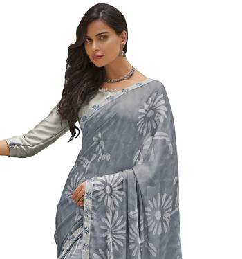 Grey printed georgette saree with blouse 2