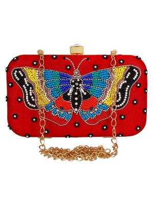 Adorn Embellished Faux Silk Clutch Red & multi 1