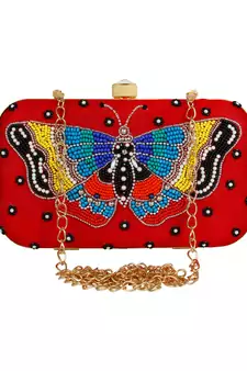Adorn Embellished Faux Silk Clutch Red & multi