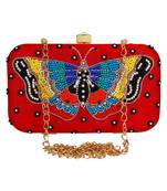 Adorn Embellished Faux Silk Clutch Red & multi