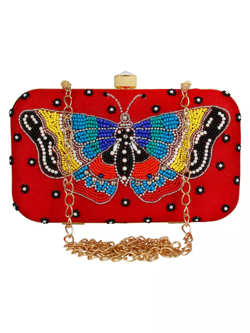 Adorn Embellished Faux Silk Clutch Red & multi