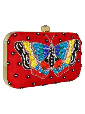 Adorn Embellished Faux Silk Clutch Red & multi 2