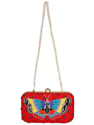 Adorn Embellished Faux Silk Clutch Red & multi 4