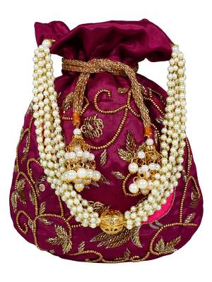 Dazzle Embellished Faux Silk Potli Wine & Multicolour 1