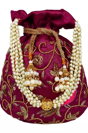 Dazzle Embellished Faux Silk Potli Wine & Multicolour