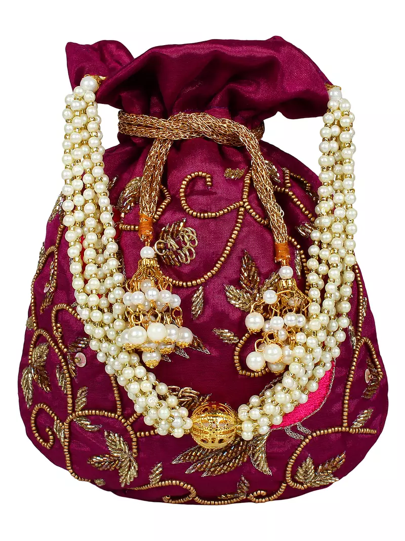 Dazzle Embellished Faux Silk Potli Wine & Multicolour