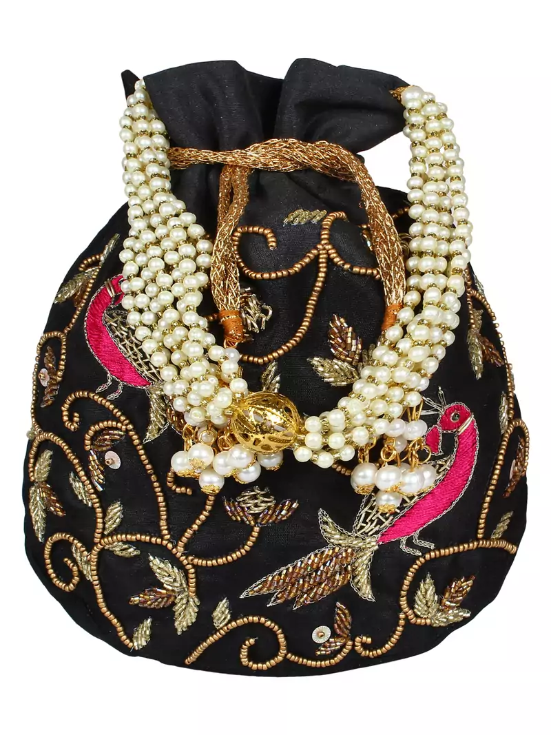 Dazzle Embellished Faux Silk Potli Black & Multicolour