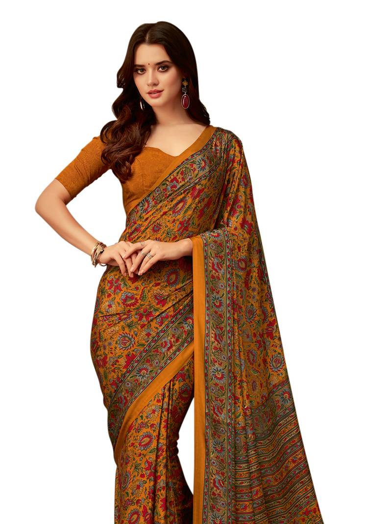 Women's Cotton Yellow Printed Designer Saree With Blouse Piece
