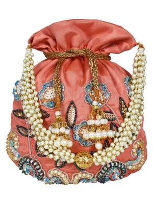 Dazzle Embellished Faux Silk Potli Peach & Multicolour 1