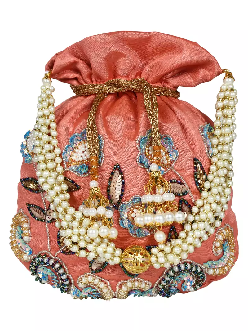 Dazzle Embellished Faux Silk Potli Peach & Multicolour