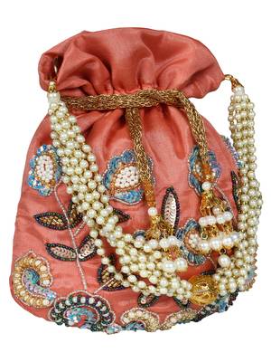 Dazzle Embellished Faux Silk Potli Peach & Multicolour 2