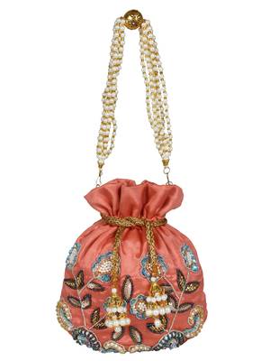 Dazzle Embellished Faux Silk Potli Peach & Multicolour 4