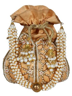 Lotus Embellished Faux Silk Potli Natural & Gold 1