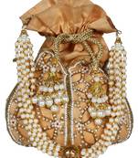 Lotus Embellished Faux Silk Potli Natural & Gold