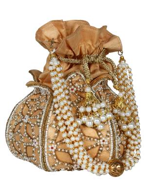 Lotus Embellished Faux Silk Potli Natural & Gold 2