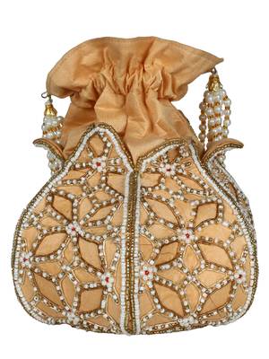 Lotus Embellished Faux Silk Potli Natural & Gold 3