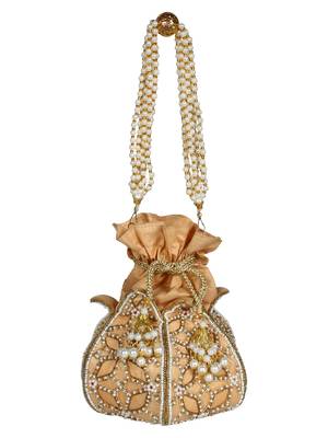 Lotus Embellished Faux Silk Potli Natural & Gold 4