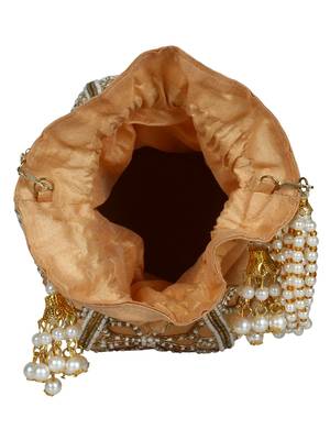 Lotus Embellished Faux Silk Potli Natural & Gold 5