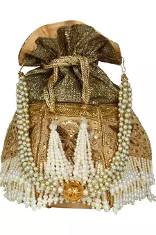 Lotus Embellished Faux Silk Potli Gold & White