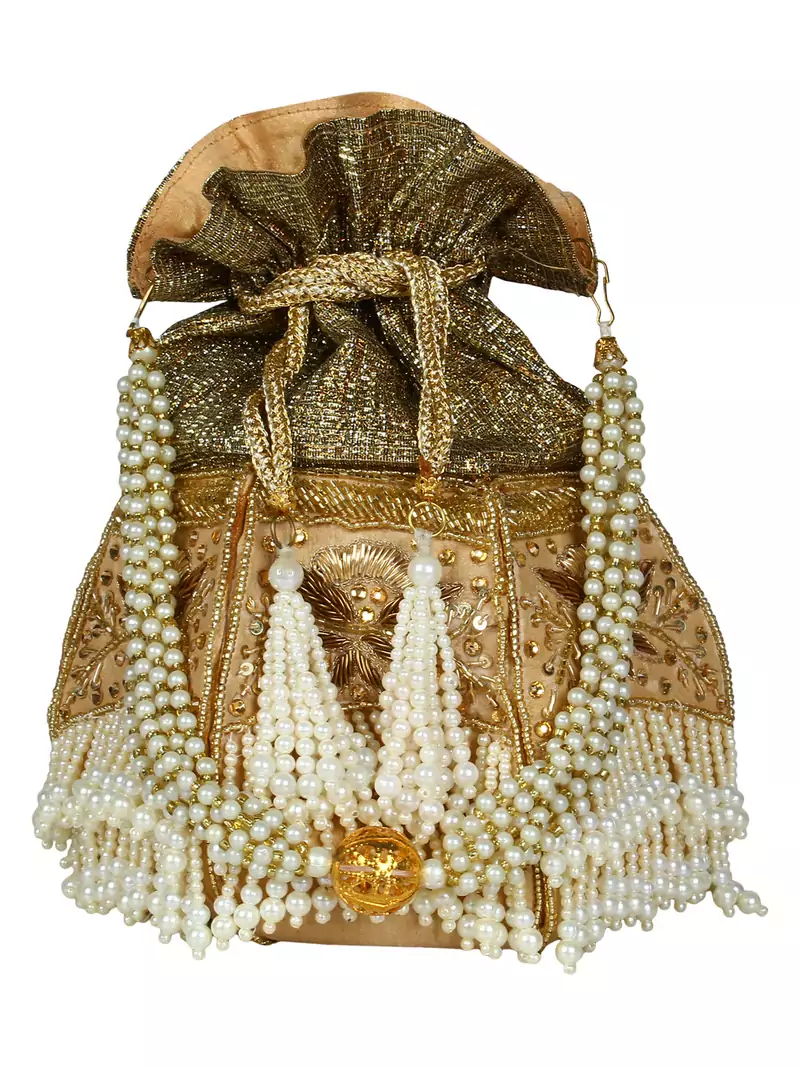 Lotus Embellished Faux Silk Potli Gold & White