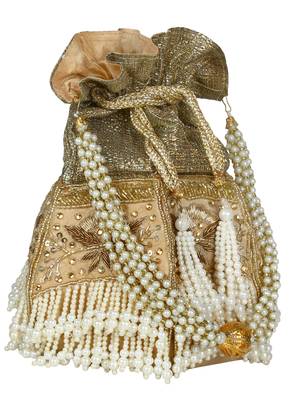 Lotus Embellished Faux Silk Potli Gold & White 2