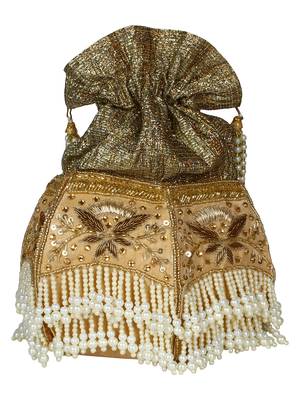 Lotus Embellished Faux Silk Potli Gold & White 3