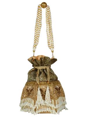 Lotus Embellished Faux Silk Potli Gold & White 4