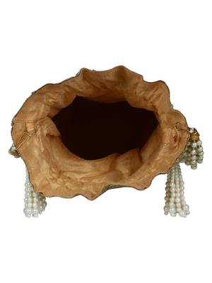 Lotus Embellished Faux Silk Potli Gold & White 5