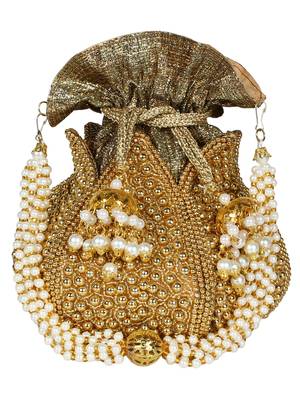 Lotus Embroidered Faux Silk Potli Gold 1