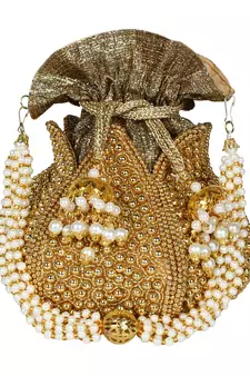 Lotus Embroidered Faux Silk Potli Gold