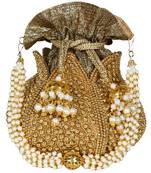 Lotus Embroidered Faux Silk Potli Gold