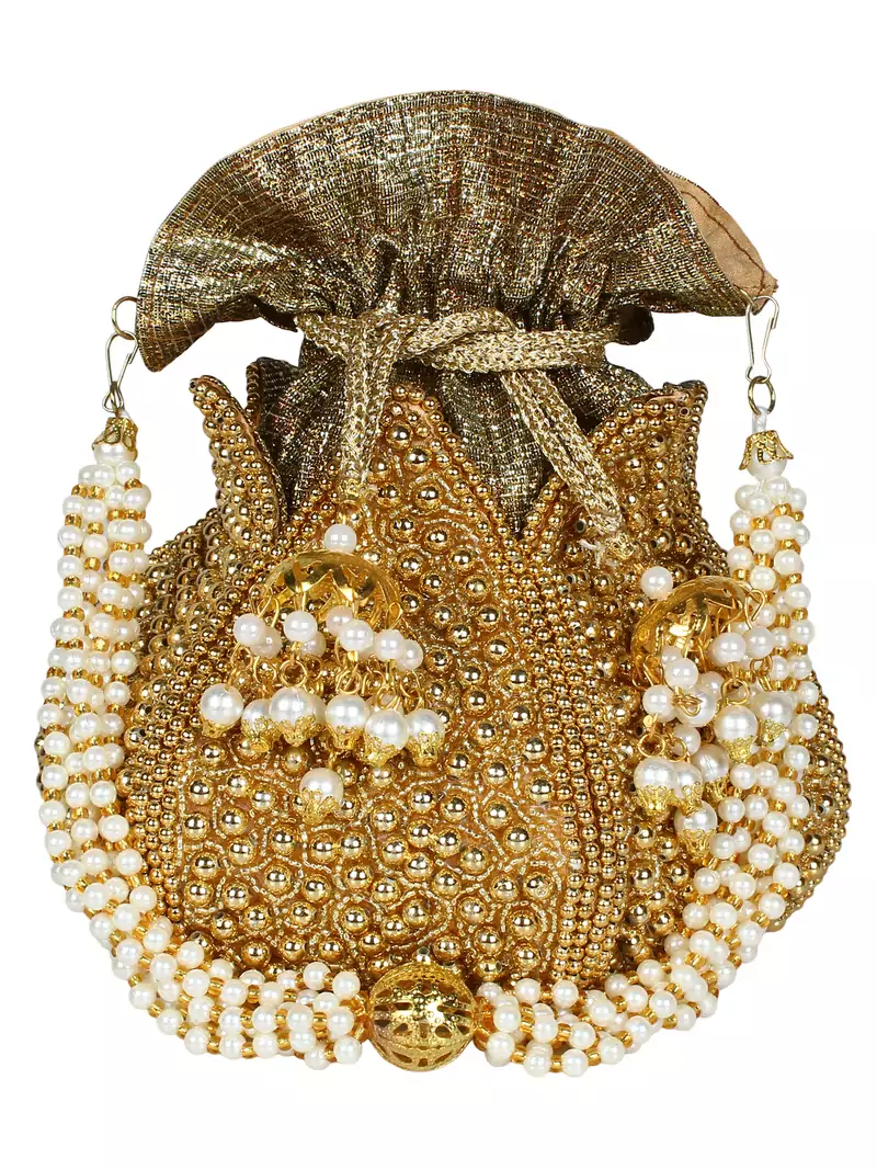 Lotus Embroidered Faux Silk Potli Gold