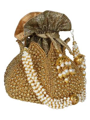 Lotus Embroidered Faux Silk Potli Gold 2
