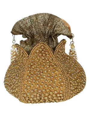 Lotus Embroidered Faux Silk Potli Gold 3