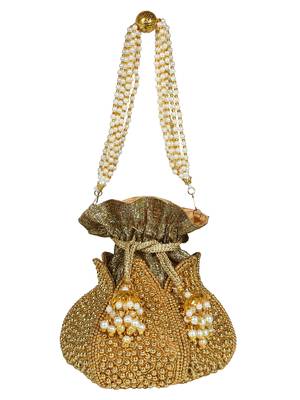 Lotus Embroidered Faux Silk Potli Gold 4