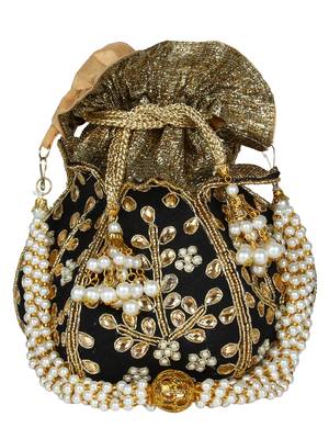 Lotus Embroidered Faux Silk Potli Black & Gold 1