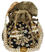 Lotus Embroidered Faux Silk Potli Black & Gold