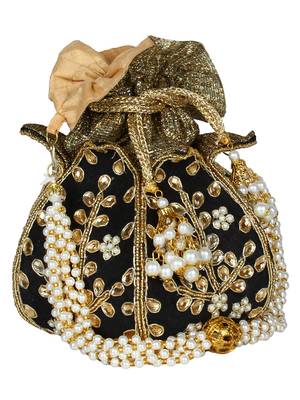 Lotus Embroidered Faux Silk Potli Black & Gold 2